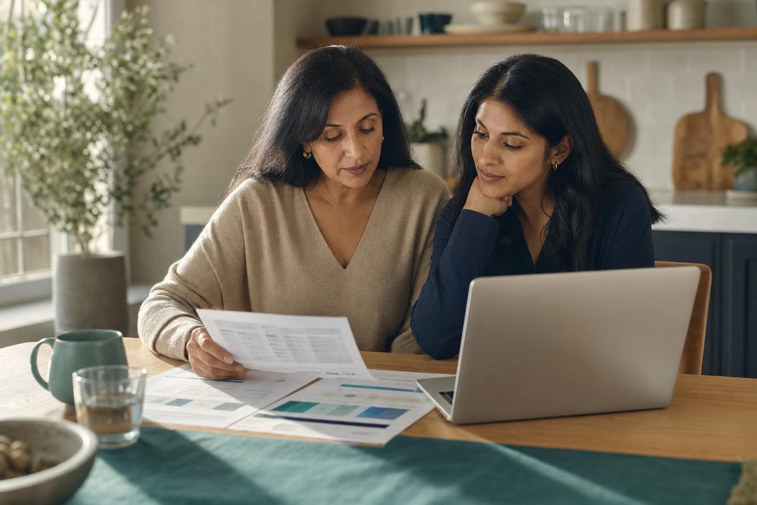A family comparing care options together at a kitchen table