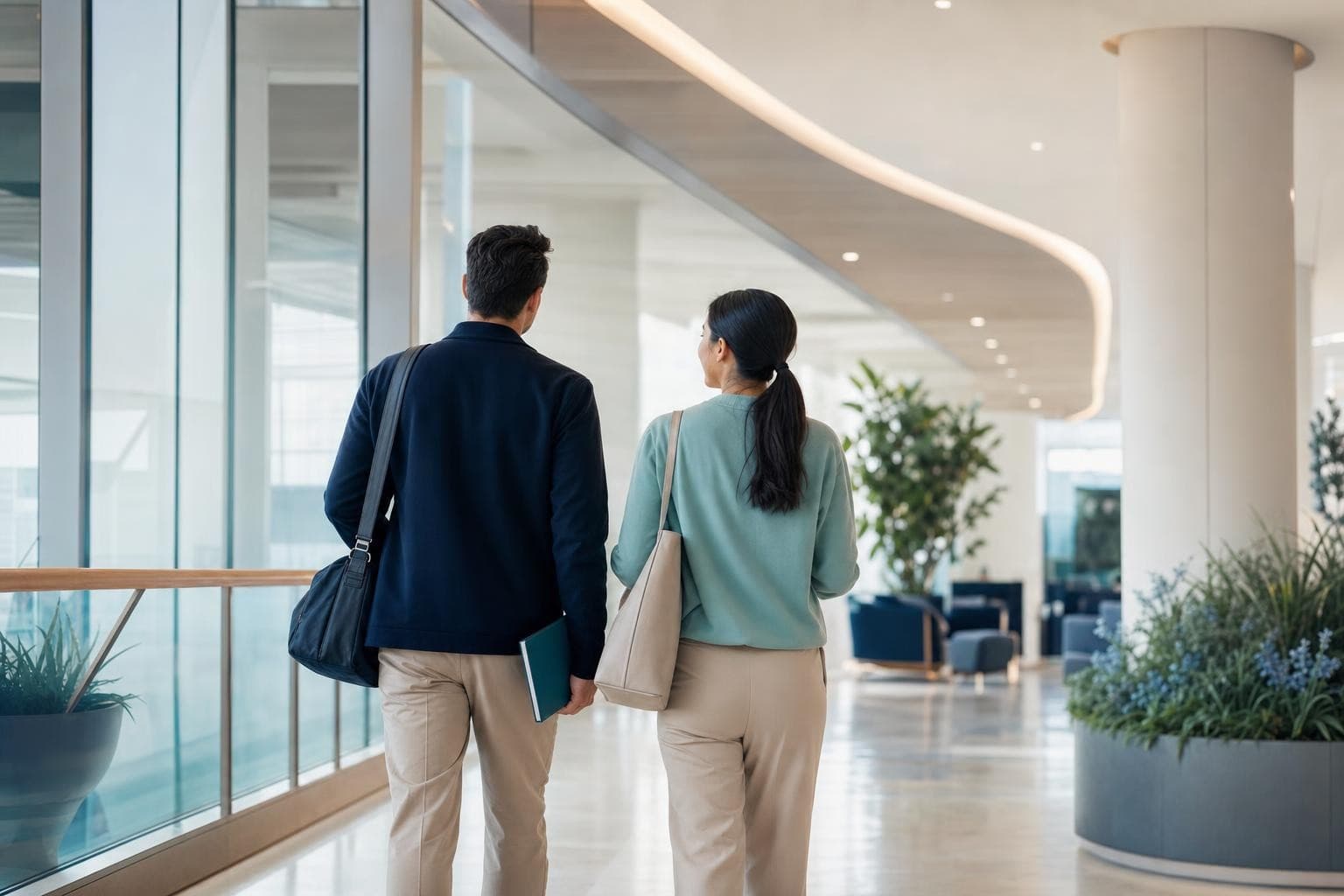 A patient and family member walking through a bright care setting